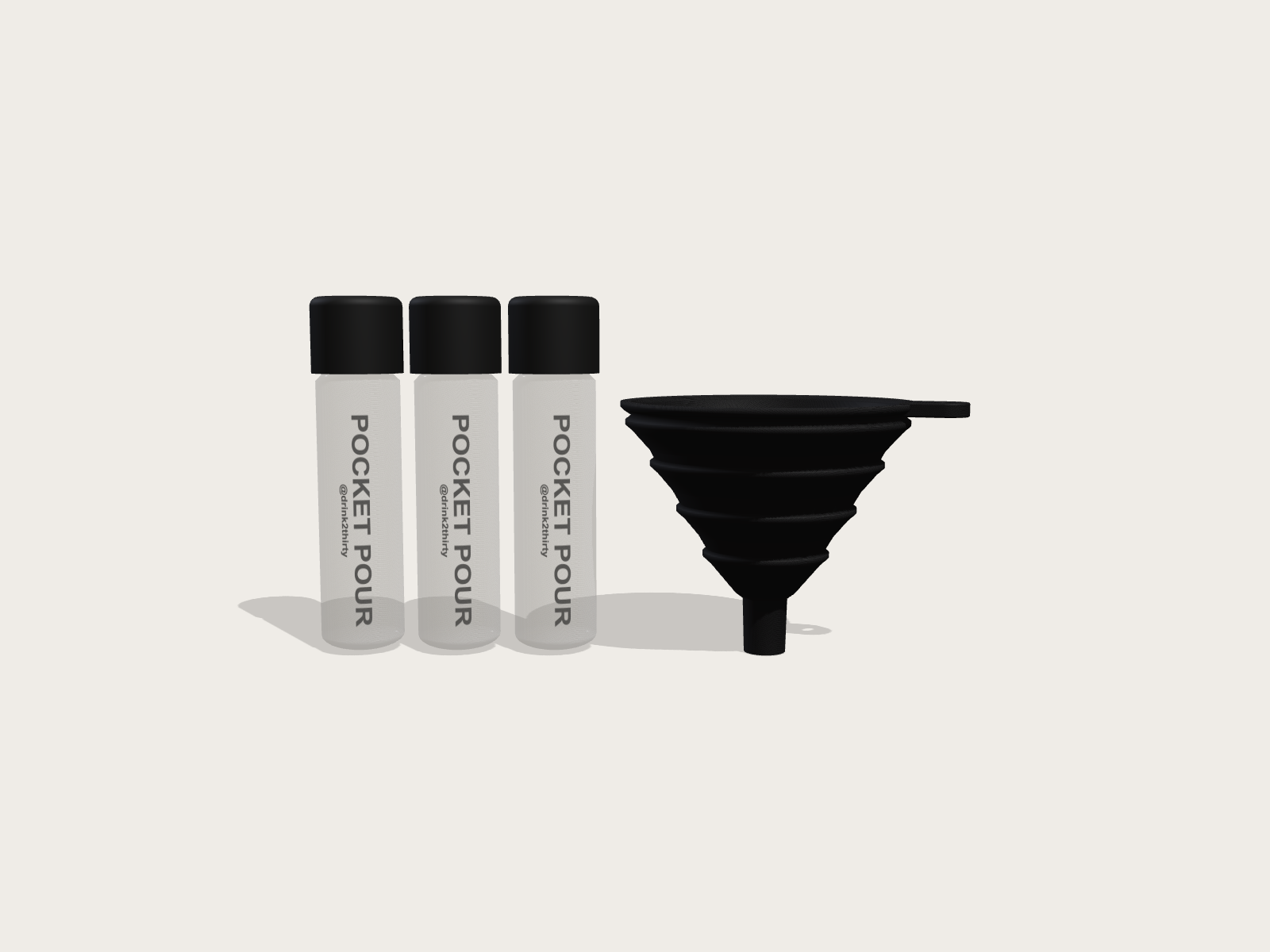 The preorder pack: three Pocket Pour tubes with black caps beside the black collapsible funnel