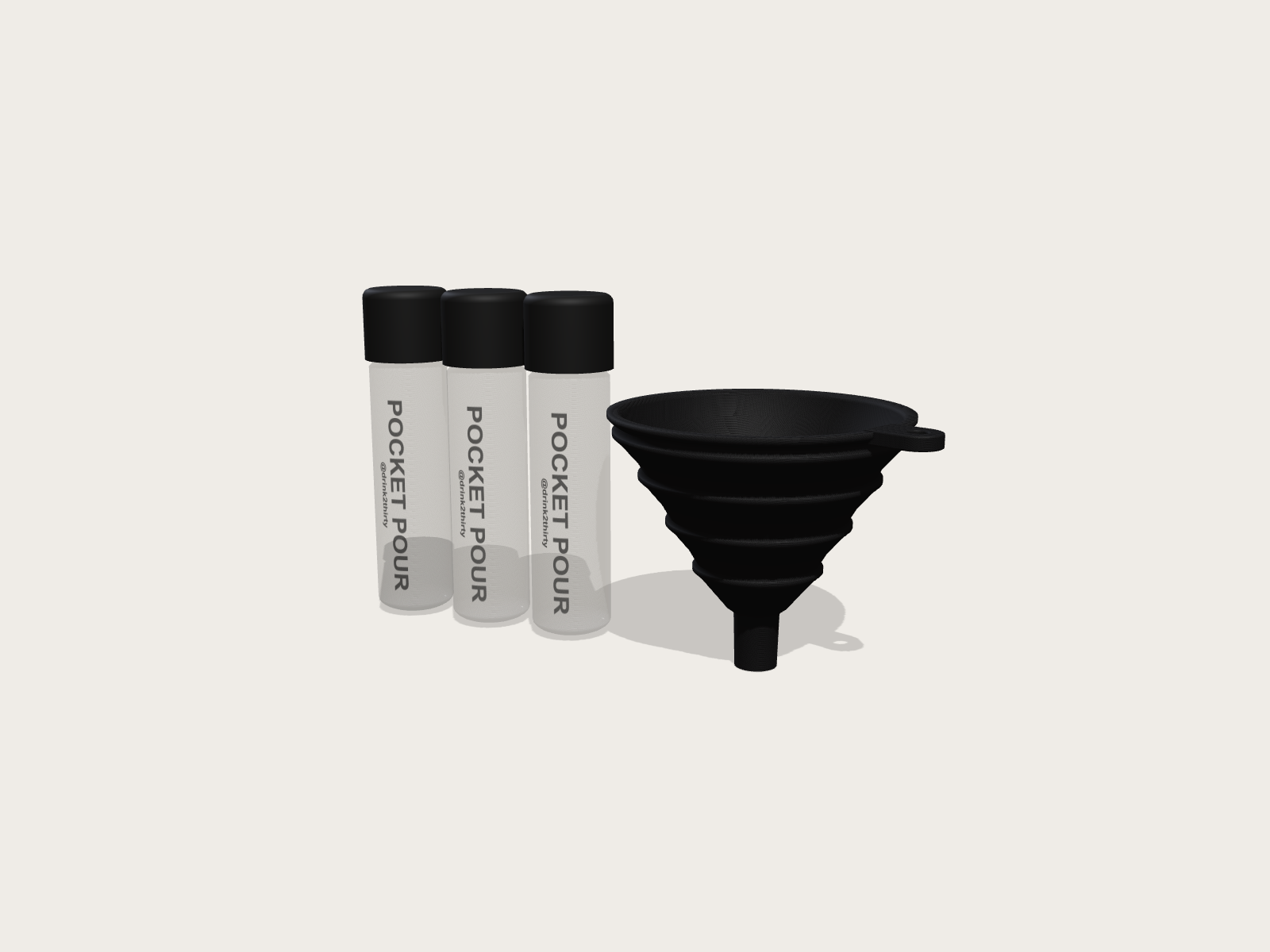 The Pocket Pour preorder pack: three labelled tubes and one collapsible silicone funnel